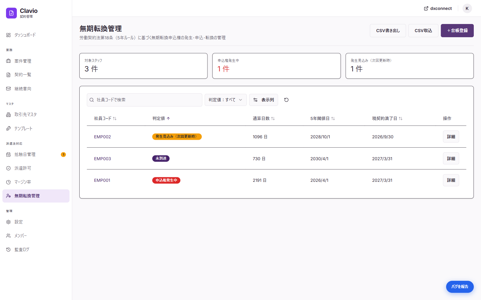 無期転換・雇用安定措置の対象者管理の画面