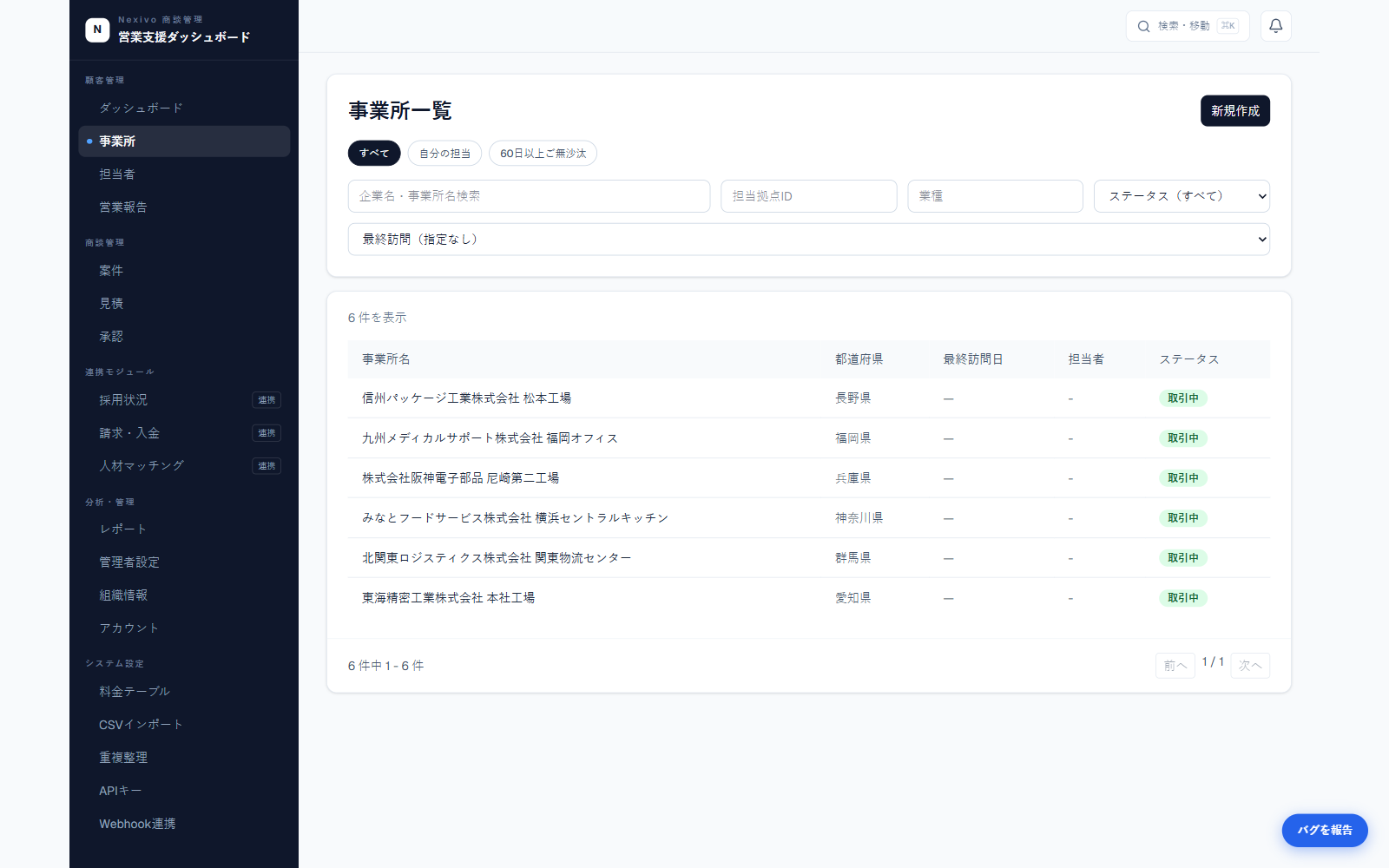 派遣先・取引先の情報の一元管理の画面
